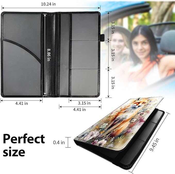 Car Registration and Insurance Holder, Leather Car Glove Box Organizer, Cool Car Accessories for ID, Driver's License Cards & Essential Document,business cards,Men&Women,Watercolor Foxs Flower