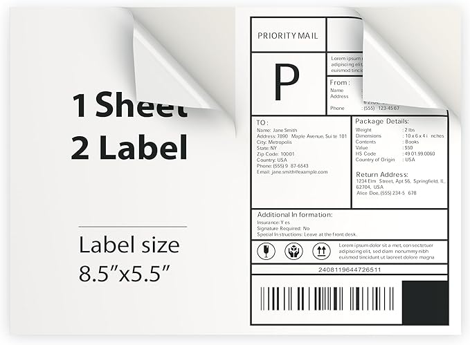 500 Sheet (1000 Labels) | 8.5" x 11" 2 UP Half Sheet Self Adhesive Shipping Labels for Laser & Inkjet Printers | Ecommerce, Address, Mailing, Labeling, Packaging