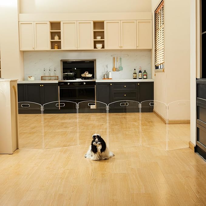 Modern Frame Clear Acrylic Freestanding Pet Gate - 24" High Extra-Wide Folding 6-Panel Dog Barrier for Doorways, Stairs & Large Openings, Indoor Fence for Dogs, Puppies & Cats
