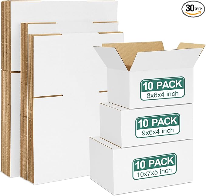 Eupako 30 Pack Small Shipping Boxes Assorted Sizes, 8x6x4 & 9x6x4 & 10x7x5 10 PCS Each Small Boxes, White Corrugated Box Mailers, Cardboard Boxes for Packaging Small Business, Mailing