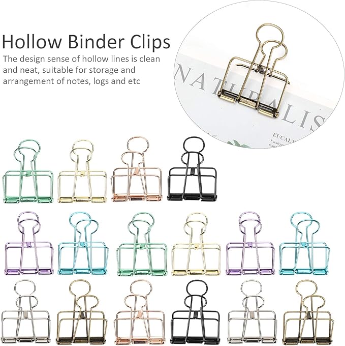 16 Pcs Hollow Binder Clips - 8 Colors Skeleton Design Paper Clamps for Office School Home Use, Organize Documents Files Notes(L,1.9x2.6in)