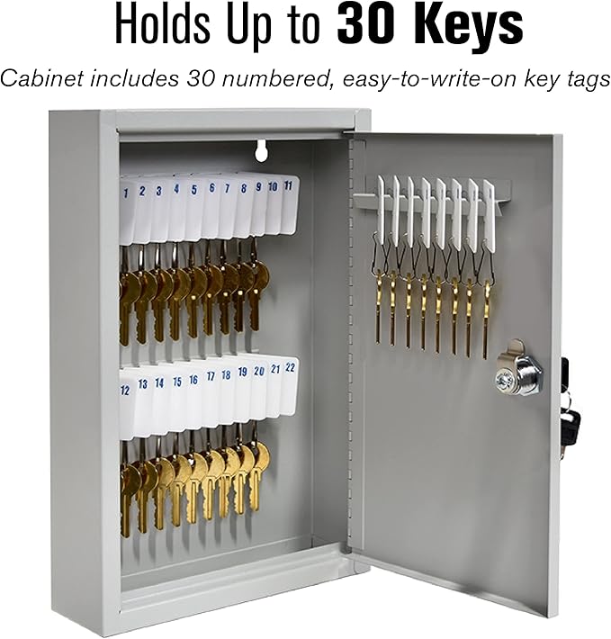 BankSupplies STEELMASTER 30 Key Cabinet | Single Lock Control Key Box | Welded 22 Gauge Steel Construction | Scratch Resistant | Write-On Key Tags for Easy Identification