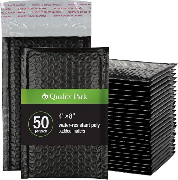 Quality Park Bubble Mailers, 4 x 8 Shipping Envelopes, Self-Seal, Small Black Padded Envelopes, Redi-Strip Peel Off Closure, 50 Per Box (1002352)