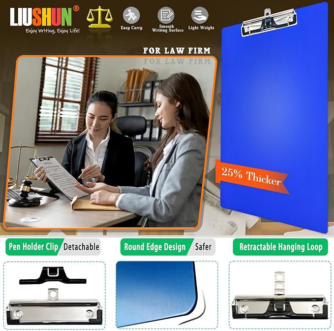 Legal Aluminum Clipboard Metal w/Stainless Hangable Pen Holder Writing Low Profile Large Clip Board 9" x 15.5" Message Tabletop for Lawers Office Business Workshop Factory Supplies (Blue, Legal)