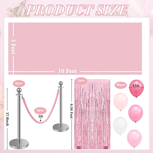 76 Pcs Carpet Runner for Party Set 1 Floor Runner 2 Double Sided Tape 6 Stanchion Post 4 Velvet Carpet Ropes 2 Foil Fringe Backdrop Curtains 60 Balloon 1 Ribbon for Party Supplies (Pink)