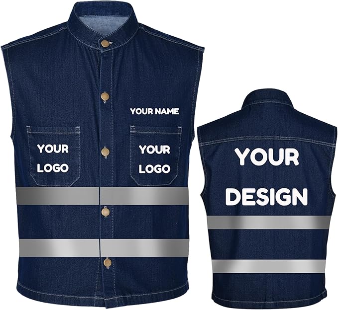 YOWESHOP Men's Reflective Safety Denim Vest，Custom Safety Outdoor Denim Work Vest with Hi-Vis Stripes for Night Commute