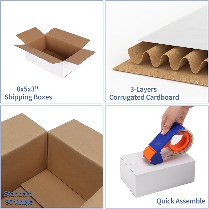 Hoikwo 8x5x3 Shipping Boxes Set of 25, White Corrugated Cardboard Box for Small Business for Packaging Mailing