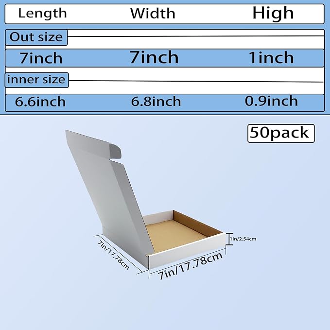 7x7x1 inch White Shipping Boxes 50 Pack, Small Corrugated Cardboard Mailer Boxes Bulk for Packaging Business Mailing Gift，Mini Mailer Boxes for Packaging Supplies Business Present