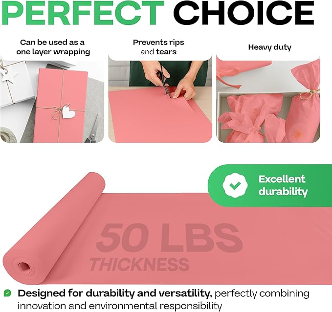Pink Kraft Paper Roll 12" x 1200" (100 feet) with Cutter - USA-Made Wrapping Paper for Packing, Moving, Shipping & Crafts/Arts - 100% Recyclable Natural Craft Material by IDL Packaging