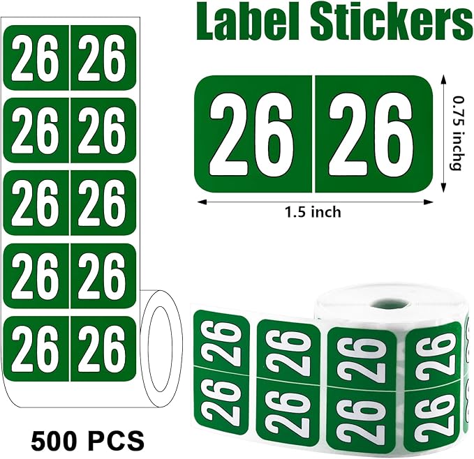 500 Pcs 2026 Year Stickers, Waterproof File Folder Labels, Self-Adhesive Rectangle Tabs for End Folders and Envelopes, Number Tabs, Office and Home Supplies (Green)