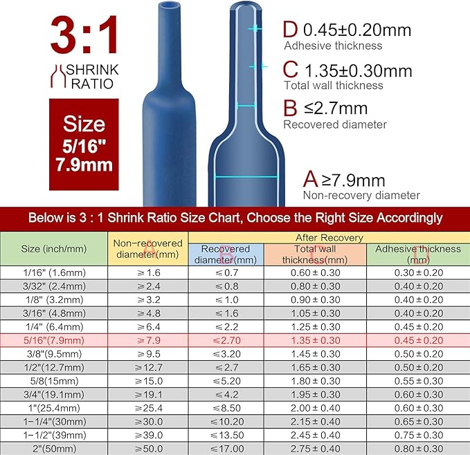 Chanzon 3:1 Ratio - 80ft Roll - Heat Shrink Tubing 5/16" (7.9mm) - Marine Grade Waterproof Adhesive Lined - (25M Total Length) Blue Polyolefin Sleeving Wrap Shrinking 3 to 1 Ratio 1pcs