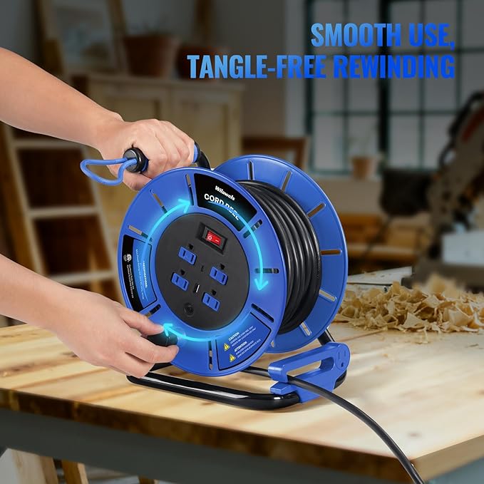 Extension Cord Storage Reel with 4-Grounded Outlet & 2 USB Port, 15A Circuit Breaker, Heavy Duty Open Cord Reel for 12/3,14/3 Gauge Power Cord, Hand Wind Retractable, ETL Listed Blue U85CR06