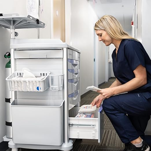 Stand Steady Emergency Crash Cart | Mobile Medical Cart with Drawers & Customizable Storage Bins | Medical Supply Cart with IV Pole, Cardiac Board, O2 Holder & UL-Safety Power Strip | Easy Assembly