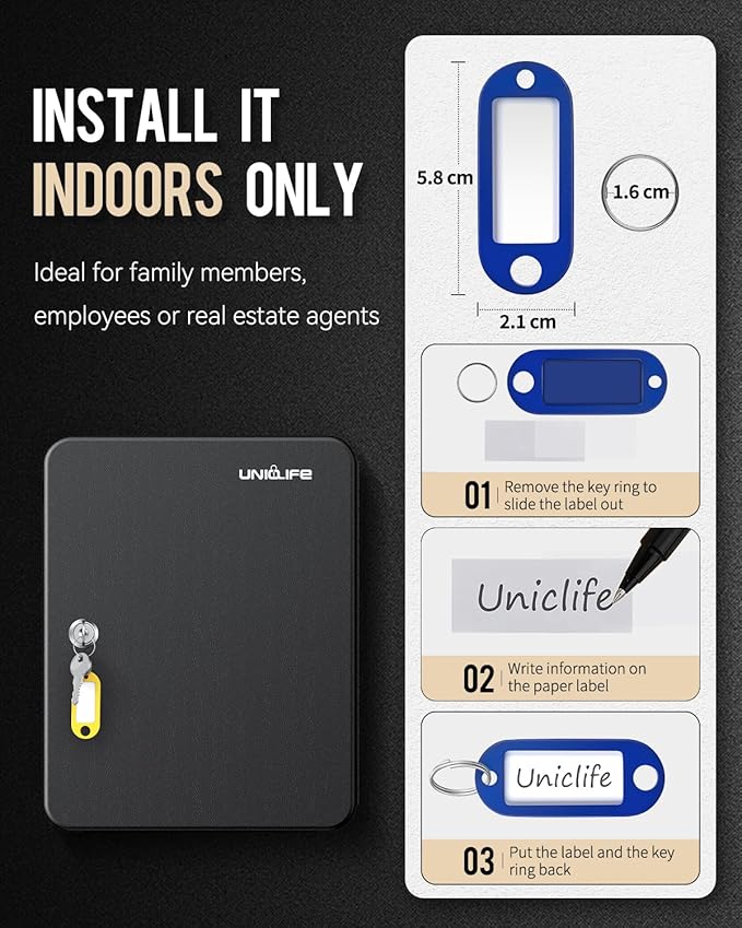 Uniclife 60 Position Key Cabinet with Key Lock Wall Mounted Black Security Storage Box Steel Key Organizer with Colorful Key Tag Labels Stickers and Hooks