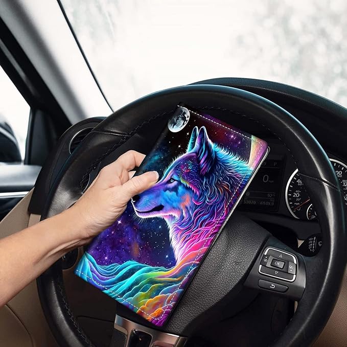Car Registration and Insurance Holder, Leather Car Glove Box Organizer, Cool Car Accessories for ID, Driver's License Cards & Essential Document,business cards,Men&WomenNebula/Galaxy Wolf