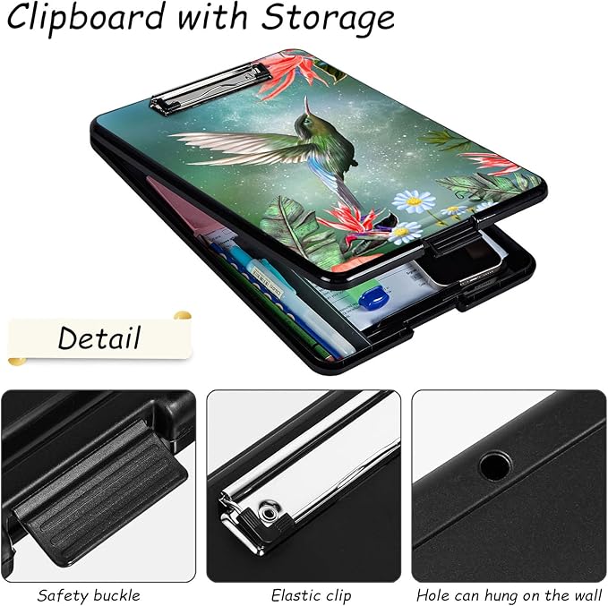 Clipboard with Storage, High Capacity Plastic Storage Clipboard with Low Profile Clip for Women Teachers Work, School & Office Supplies, Cute Pattern Decorative Clipboards, Hummingbird