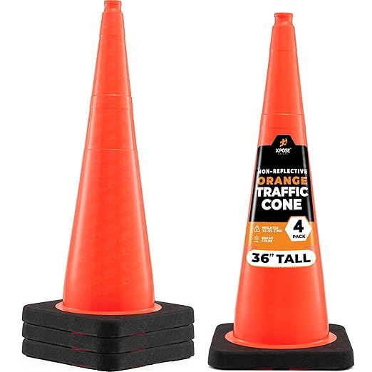 Xpose Safety 36 Inch Orange Traffic Cones Heavy Duty 12lb, 4-Pack - Multipurpose PVC Plastic Safety Cone for Parking, Soccer, Caution, Kids and Construction - DOT Approved