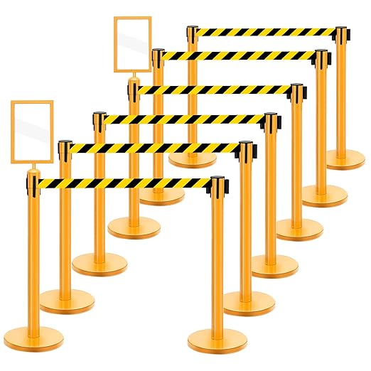 Therwen 12 Pack Heavy Duty Crowd Control Stanchions 9.8 ft Stainless Steel Stanchion Set with Safety Barrier Post Retractable Belt and Sign Holder Crowd Control Barrier(Stripe Belt, Yellow)