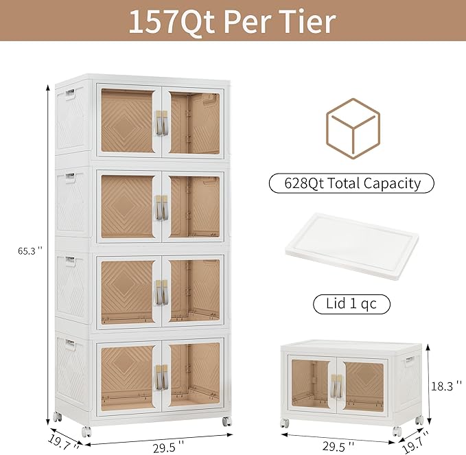 Large Clear Stackable Storage Bins with Lids, 942QT-157QT*6Tier Foldable Cabinet for Closet Organizers, Plastic Storage Box with Wheels White
