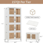 Large Clear Stackable Storage Bins with Lids, 628QT-157QT*4Tier Foldable Cabinet for Closet Organizers, Plastic Storage Box with Wheels White