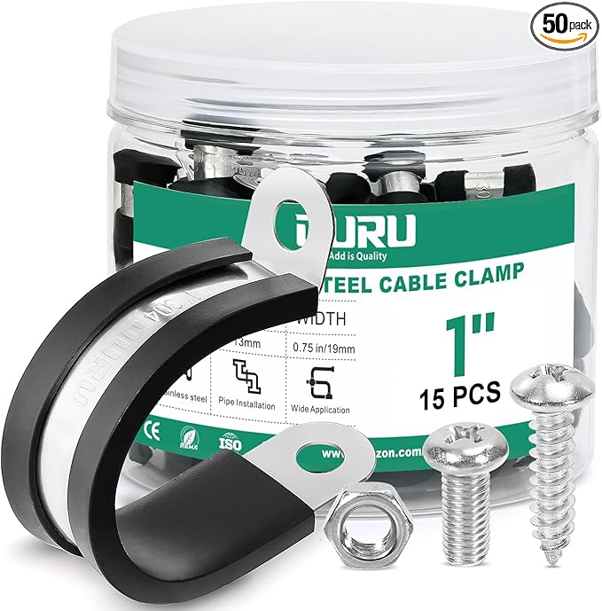 15PCS 1 Inch Cable Clamps with 35PCS Screws Assortment Kit 304 Stainless Steel Rubber Cushioned Insulated Cable Clamp, Automotive Wire Pipe Clamps(25mm)