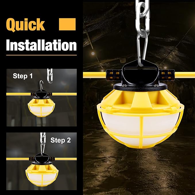 50FT Construction String Lights with Protective Cage, IP65 Waterproof LED String Work Lights, 5000K Daylight 18AWG Wire Linkable Temporary Construction Lighting for Jobsite with 5 Bulbs & Hooks