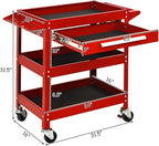 ERGOMASTER Metal Service Utility Cart with Wheels - 500LBS Tool Cart Heavy Duty Rolling 3-Tier Storage Organizer, for Garage Industrial Cart (Red)