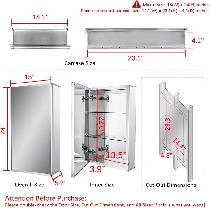 Fundin Aluminum Bathroom Mirror Cabinet Recess Mount Only, with Framless Double Sided Mirror Door, 15 Inch x 24 Inch
