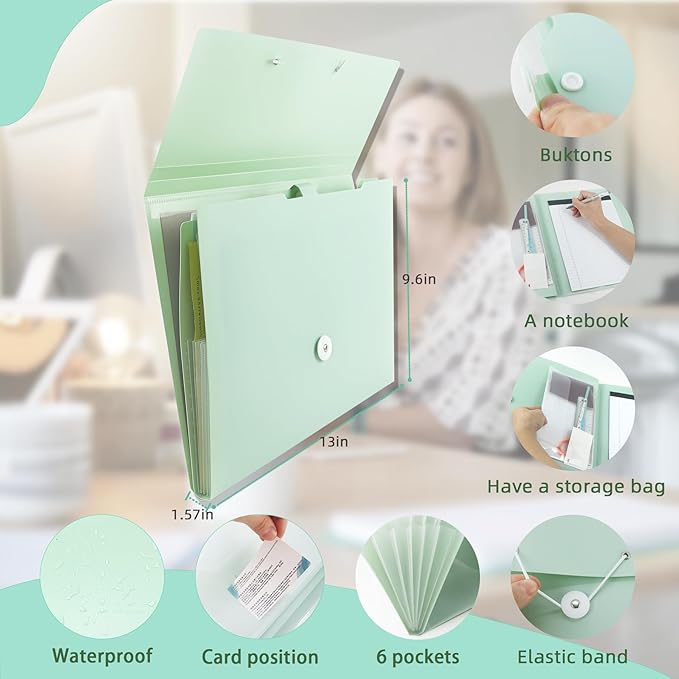 Green Expandable File Folders with One Notebook, Expanding Receipt Organizer, Accordion Folder File Folders, Important Document Organizer, Accordion Folder for Office/School