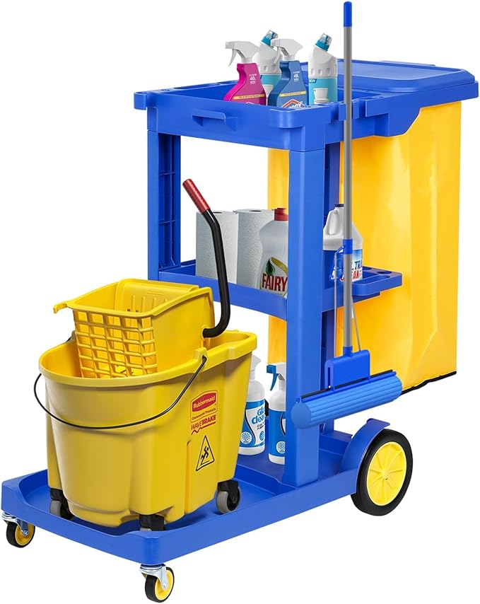 tonchean Commercial Janitorial Cart, 3-Shelf Housekeeping Cart with 22 Gallon Vinyl Bag & Cover, Large Capacity Janitorial Carts on Wheels for Hotels, Stores, Schools, Offices
