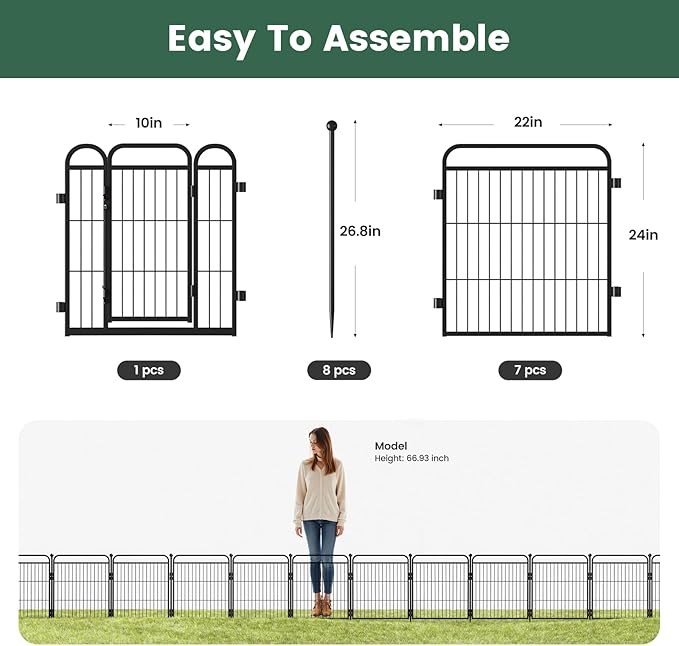 24 in(H) Decorative Garden Fence Outdoor for Yard with Gates,Heavy Duty Iron 8 Panels Total 14.7ft(L) Anti Dig Fence with Gravity Automatic Lock for Indoor/Outdoor Decorative Dog Fence,Black