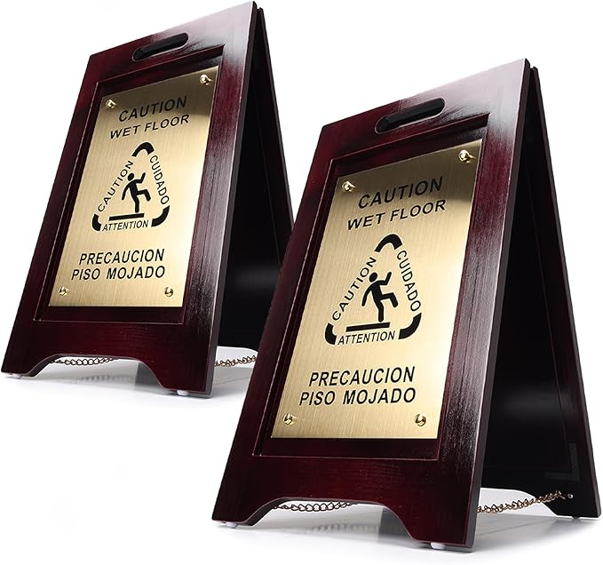 Premium Wooden Caution Wet Floor Sign – Bilingual w/Non-Skid Plastic Feet – For Hotels, Schools, Offices, Areas, Restrooms, Pool Decks & Shops - Brass Plate - (2 Pack)