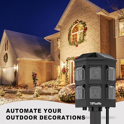 TiFFCOFiO Outdoor Power Strip Waterproof, 24 Hour Mechanical Timer, 6 ft Extension Cord, 6 Grounded Outlets for Outdoor Lights, ETL Listed (100 FT)