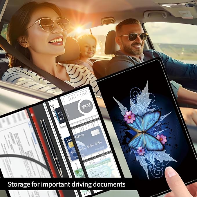 Premium Car Registration and Insurance Card Holder, Cute PU Leather Car Document Holder, Vehicle Glove Box Car Organizer with Magnetic Closure for Driver License, Cards Retro Blue Butterfly