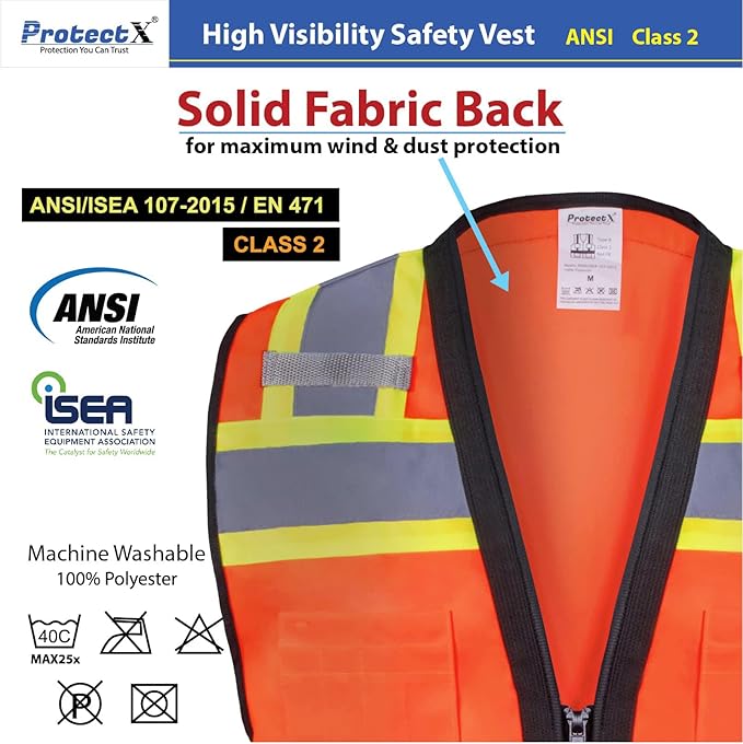 ProtectX 6 Pockets High Visibility Safety Vest for Men Women Class 2 Reflective Hi Vis Work Construction Vest