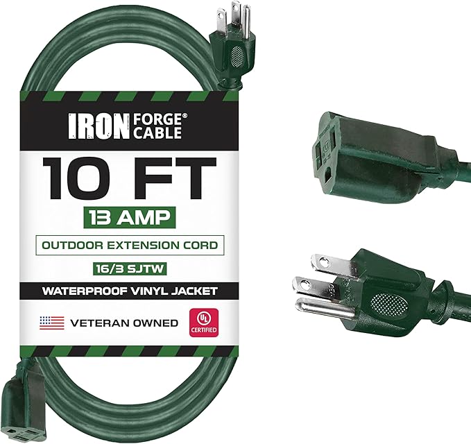 Iron Forge Cable Weatherproof 10 Ft Outdoor Extension Cord - 16/3 SJTW Heavy Duty Green Extension Cord 3 Prong - 13 Amp Exterior Power Cable