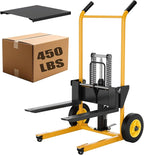Foldable Material Lift Winch Stacker, 450LBS 36" Pallet Stacker, 2-in-1 Hand Truck Fork Lift Table Cart, Removable Platform, Adjustable Forks, Foot Pump, for Warehouse Garage Workshop