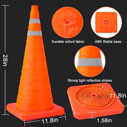 [4 Pack]28 Inch Collapsible Traffic Safety Cones with Storage Bag- Parking Cones with Reflective Collars for Road Safety, Orange Safety Cones for Parking lot, Driveway, Driving Training