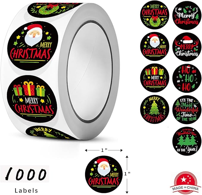 SHYGO® 1“ Christmas Labels Stickers, Round Merry Christmas Seals Xmas Decorative Stickers with Elk and Bells Elements for Envelope Gift Bag Box, 1000 Pcs 2 Rolls