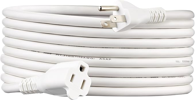 Amazon Basics Extension Cord, 15 Ft, 3 Prong Outlet Extender, Indoor Extension Cord, 13 Amps, 125V, White
