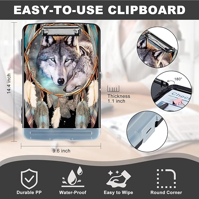 Clipboard with Storage,Heavy Duty Plastic Storage Clipboard with Low Profile Clip,Teacher Must Haves,Office Supplies,Dream Catcher Wolf