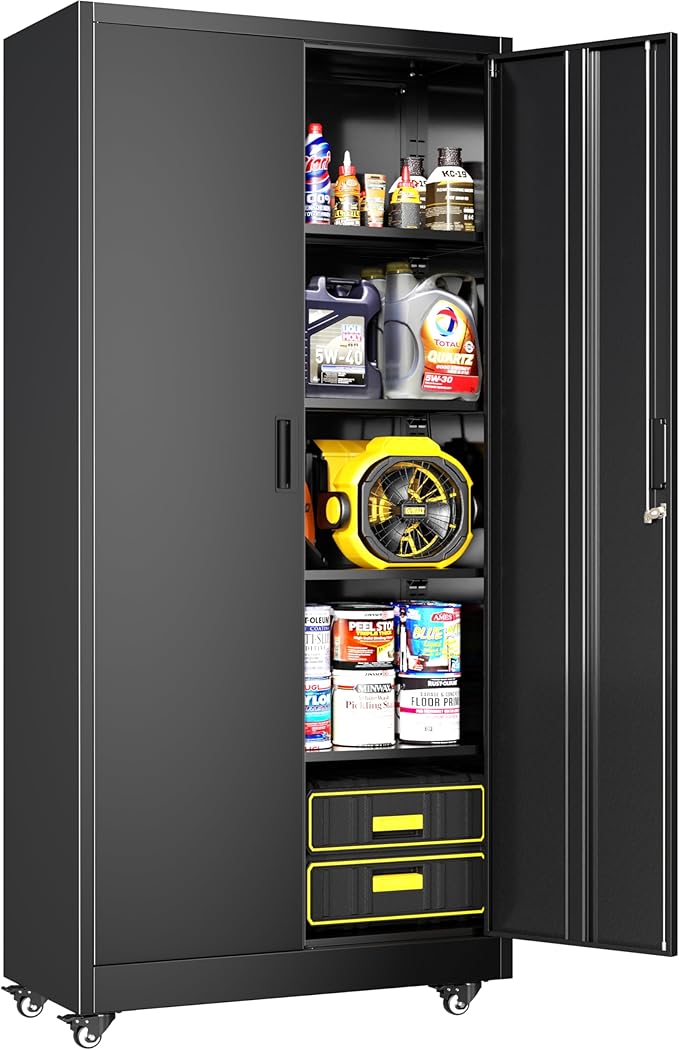 Greenvelly Metal Storage Cabinet with Wheels, 73” Black Metal Rolling Garage Cabinet with 2 Door and Adjustable Shelves,Locking Storage Cabinets for Garage Home Office Utility Room