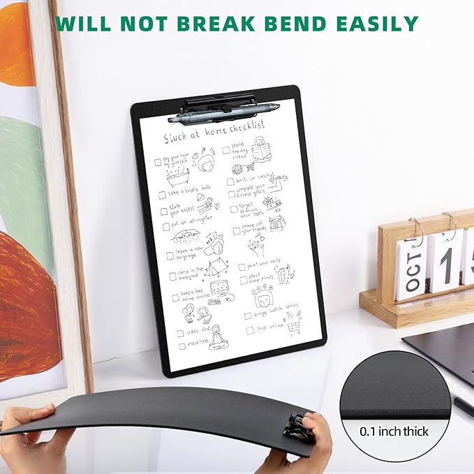 Clipboard with Pen Holder, Plastic Clipboard with Low Profile Metal Clip, Hanging Clipboards Holds 8.5x11 Inch Papers, Standard A4 Letter Size Clip Board for Office & School, Black