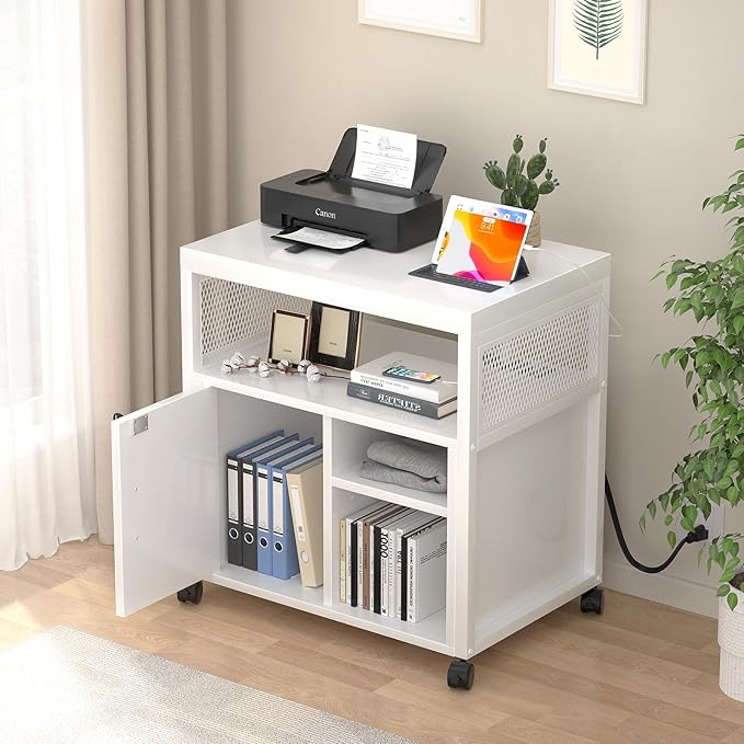 Unikito Rolling File Cabinet Lateral Office Filing Cabinets with Socket and USB Charging Port, Modern Printer Stand on Wheels, Printer Cabinet with Door and Open Storage, Lockable, White