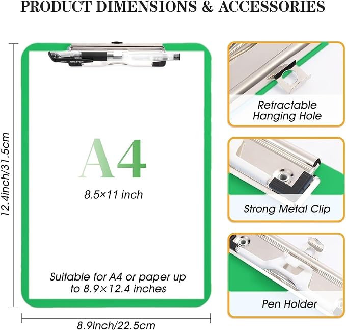 Green Clipboard with Pen Holder,Plastic Clipboard Standard Letter A4 Size,Heavy Duty Clip Boards 8.5x11,Cute Hanging Clipboards for Women Kids Students School Office Home
