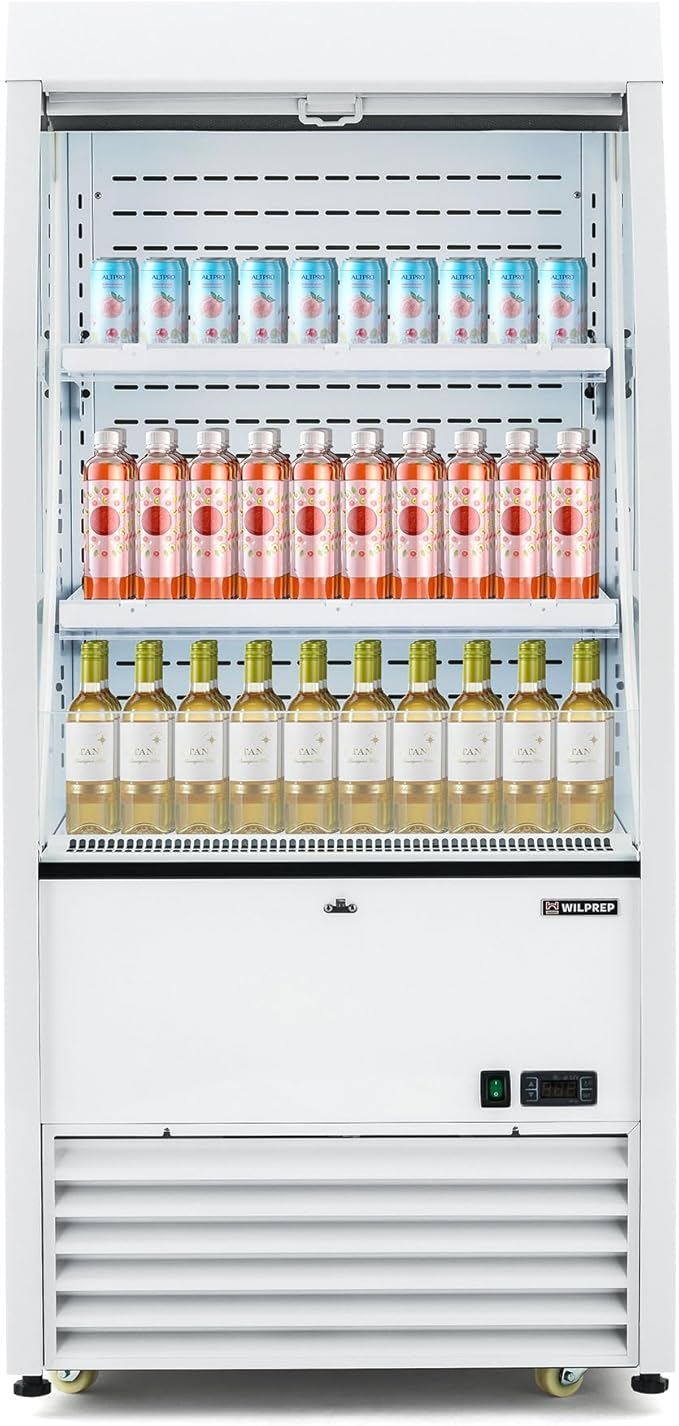 Wilprep Commercial Display Refrigerator, 27" Open Air Merchandiser with 6.7 cu. ft. Volume LED Lighting Night Curtain, Grab and Go Display Refrigerator Showcase for Store Cafe Bar Shop