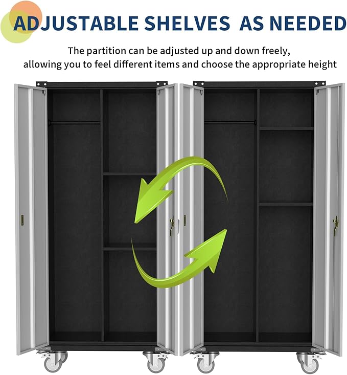 Metal Storage Cabinet with Lock-71 Tall Tool Organizer Steel Lockers w/Hanging Rod Metal Wardrobe Cabinet on Wheels for Home, Office, Warehouse, Garage