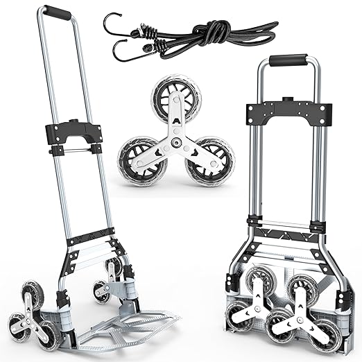 Stair Climbing Cart, 220 LBS Aluminum Stair Climber Dolly, Heavy Duty Folding Hand Truck Dolly with 6 Wheels, Telescoping Handle and Elastic Rope for Home, Moving, Groceries, Warehouse