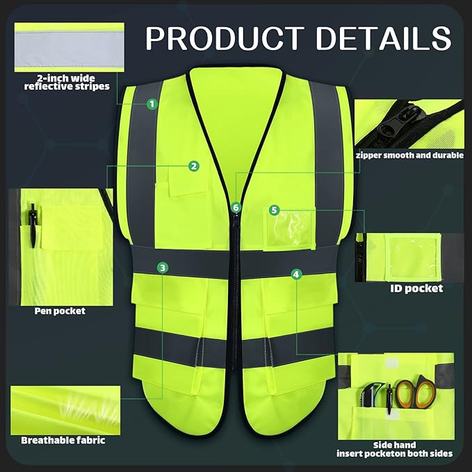 JaGely 15 Pack Reflective Safety Vests with Pockets and Zipper Construction Work High Visibility Vest for Men Women(Medium,Fluorescent Green)