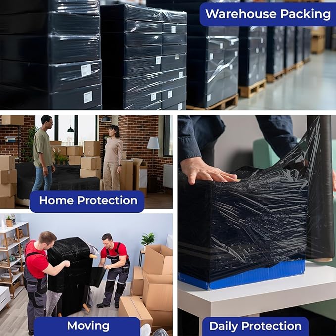 Rosmonde 400 Pack Black Plastic Wrap, 80 Gauge Durable Shrink Wrap Roll, 18" x 1500 ft Stretch Wrap Roll, 3" Core, Heavy Duty Stretch Film for Pallet Wrapping Warehouse Packaging, Moving & Storage